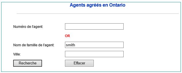 Capture d’écran de la page Web des agents agréés en Ontario 