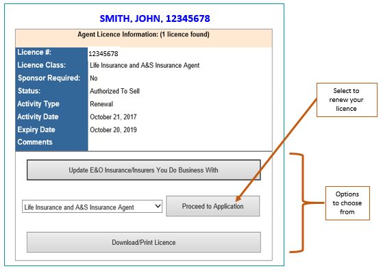 Screenshot of screen showing detailed information about agent whose license is ready for renewal